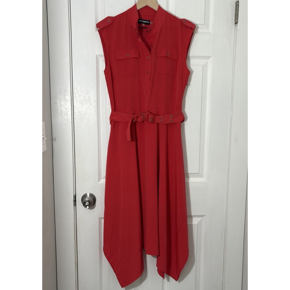 Karl Lagerfeld Dress Womens 8 Handkerchief Hem Button Up with Belt Collar Retro